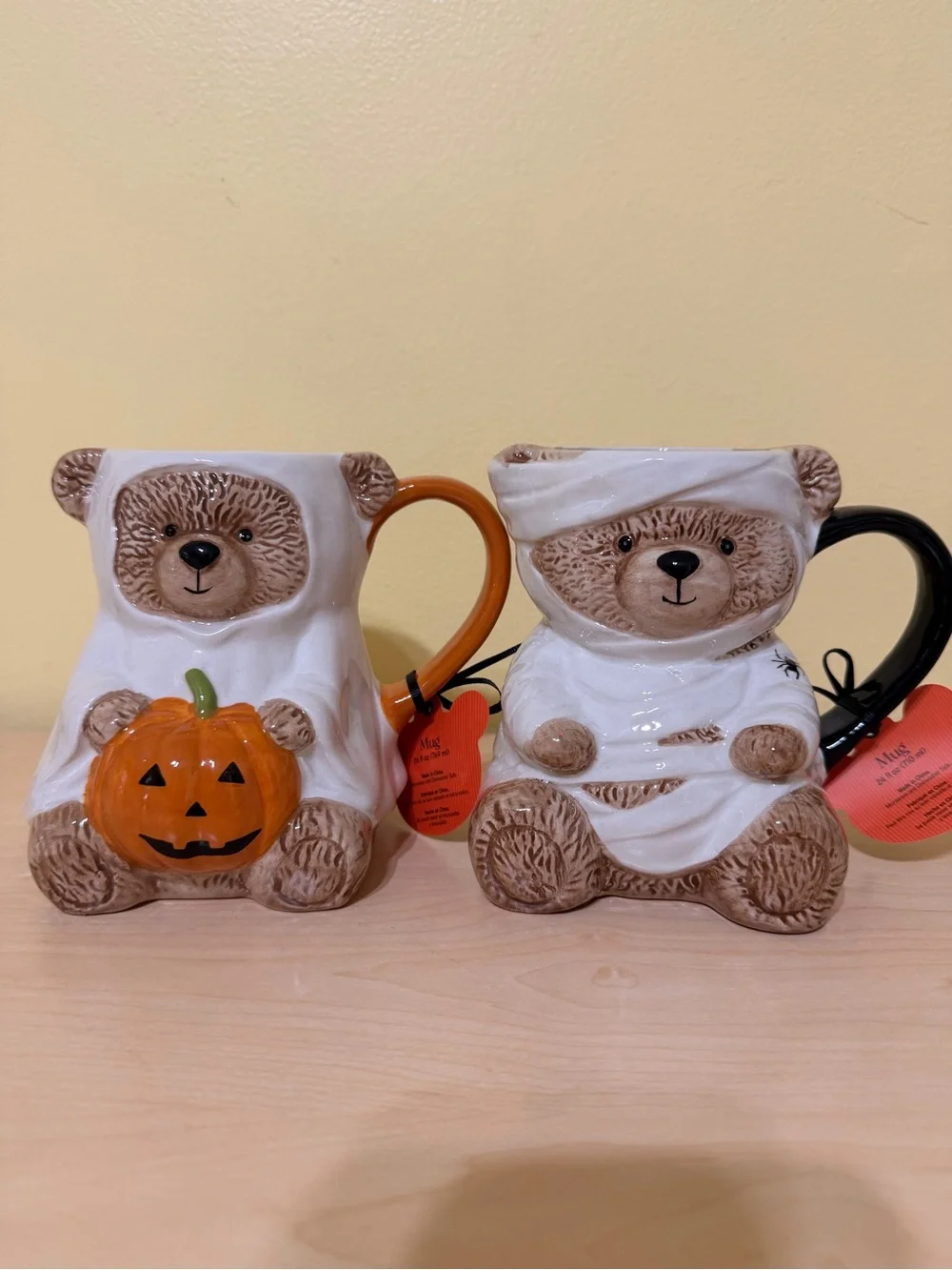 Creepy critters Halloween teddy bear mugs , mummy and ghost holding pumpkin